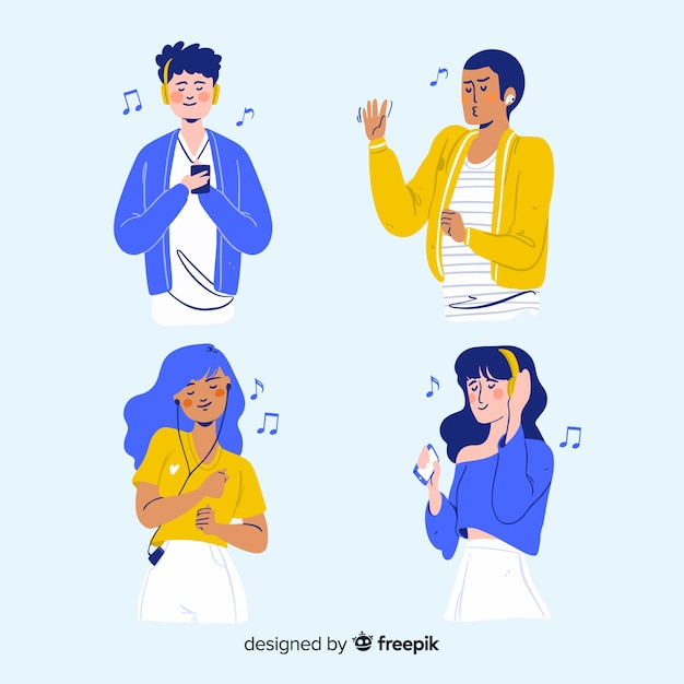 Illustrated people listening music on their earphones pack