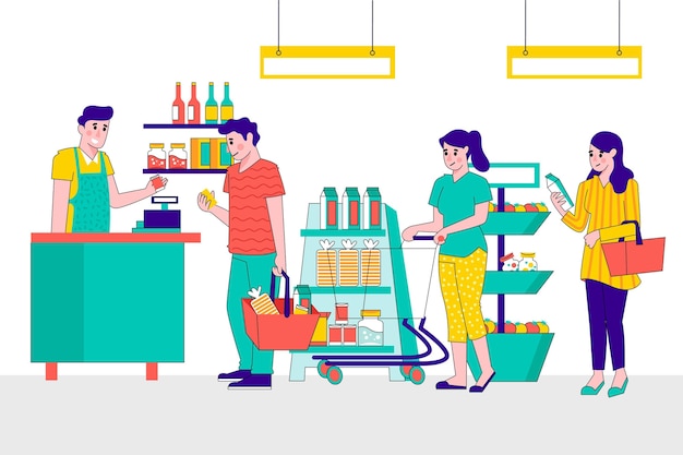 Illustrated people shopping for groceries