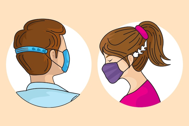 Illustrated people wearing an adjustable face mask strap