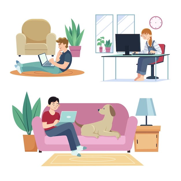 Illustrated people working remotely