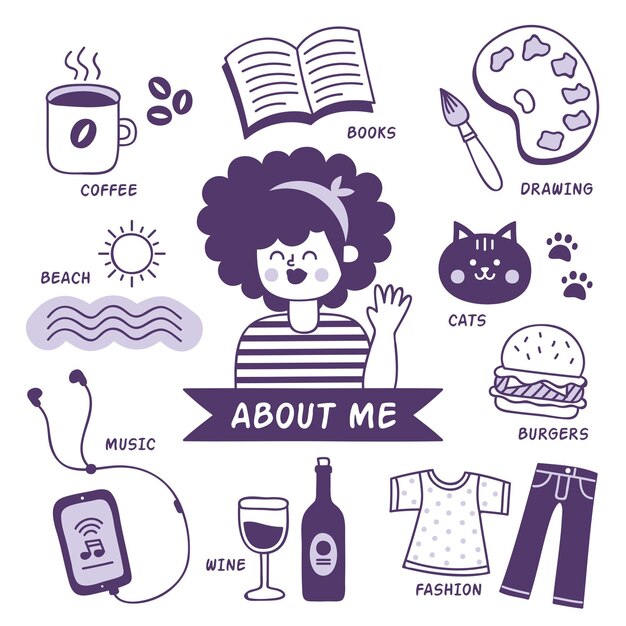 Illustrated person with hobbies and interests