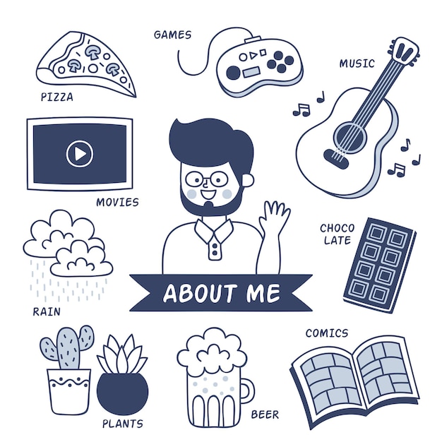 Illustrated person with hobbies and interests