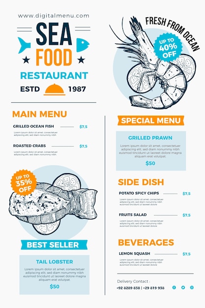 Illustrated restaurant menu template for digital use