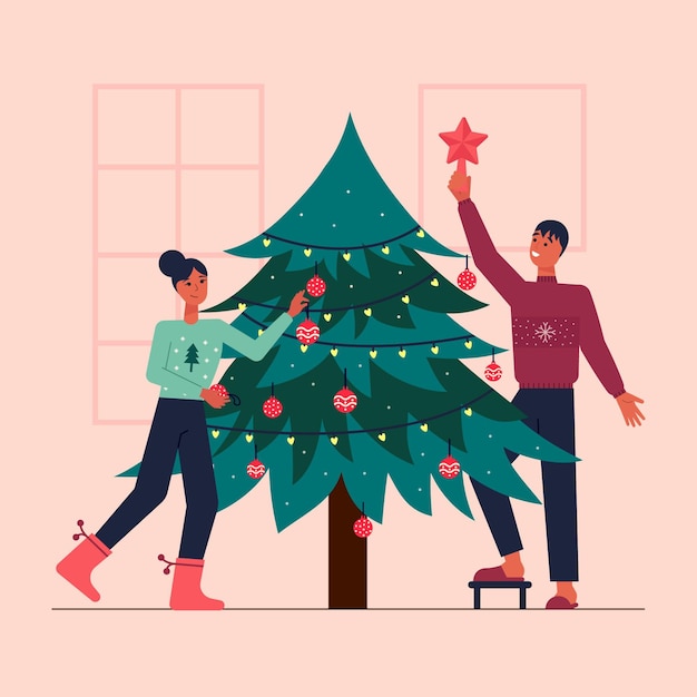 Illustrated scene of people decorating a tree