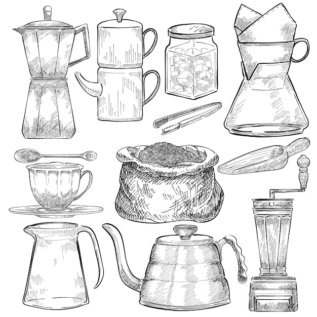 Illustrated set of coffee making tools