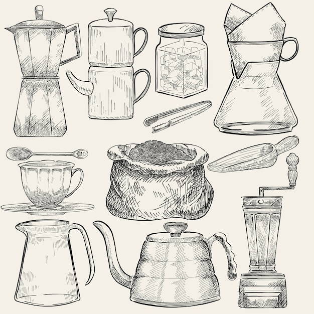 Illustrated set of coffee making tools