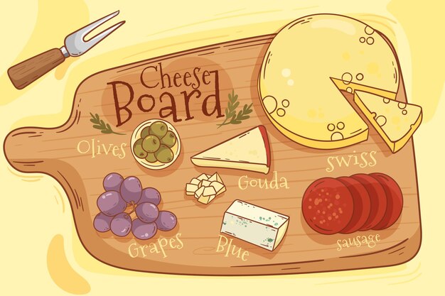 Illustrated tasty cheese board