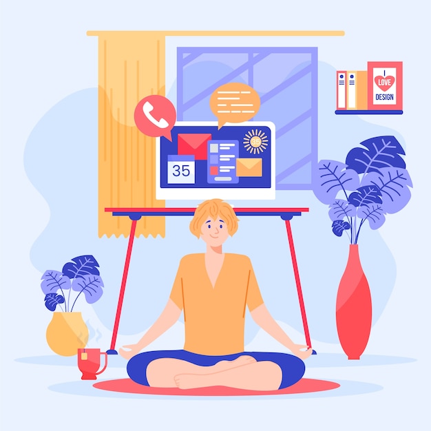 Free Vector illustrated woman doing yoga while postponing work