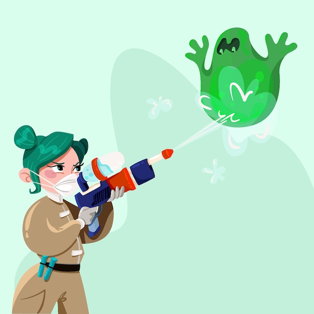 Illustrated woman fighting a green virus