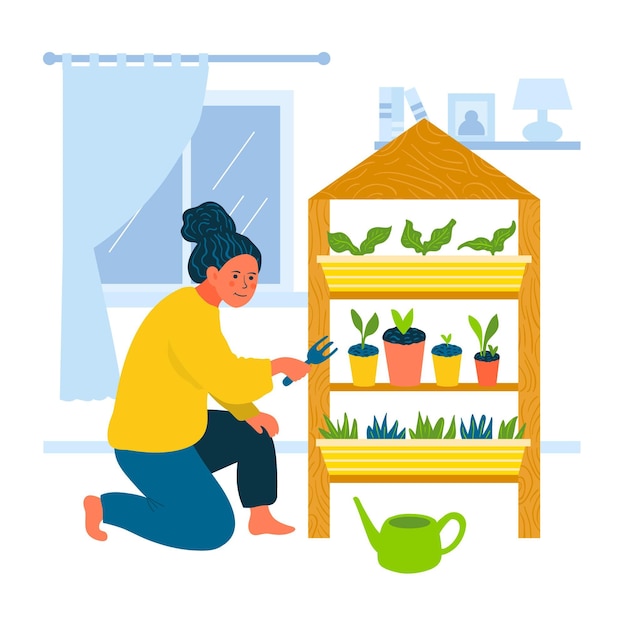 Free vector illustrated woman gardening at home