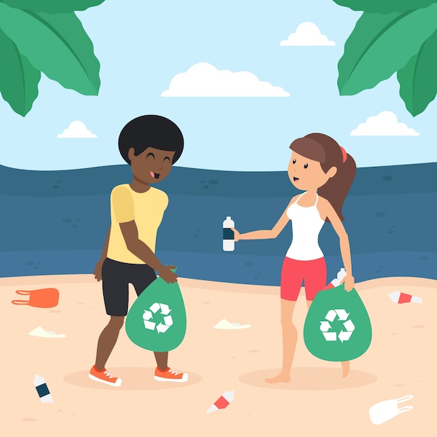 Free Vector illustrated young man and woman cleaning the beach