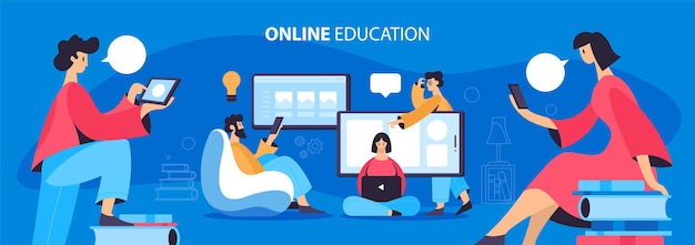 Illustration about online education concept. People studying with devices