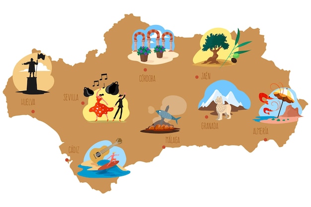 Illustration of andalusia map with landmarks