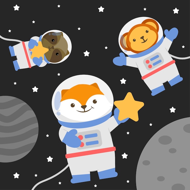 Illustration animal character wearing a space suit with stars