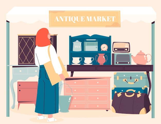 Illustration of antique market with old objects