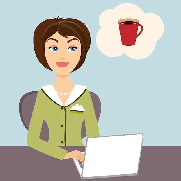 Free Vector illustration of an attractive young secretary sitting at her desk working on a laptop