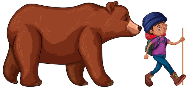 Free vector illustration of ban go hiking with big bear behind him