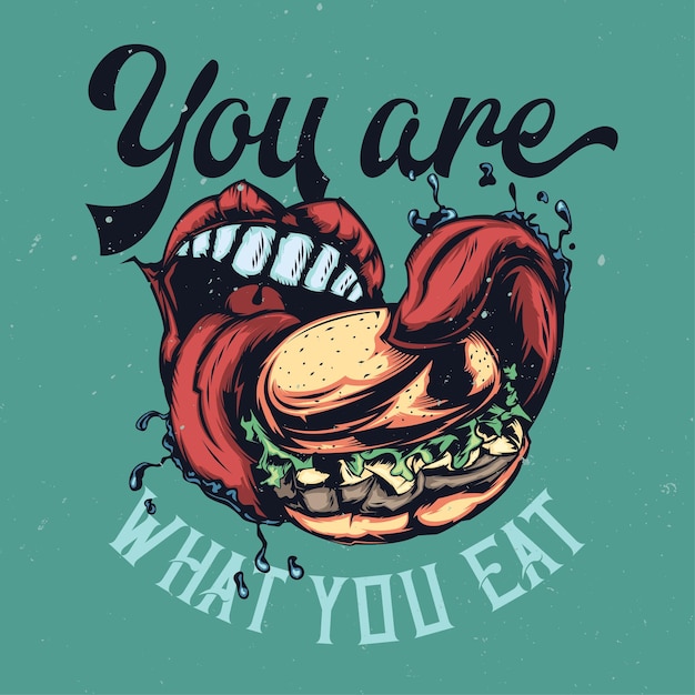 Illustration of big mouth eating big burger with lettering