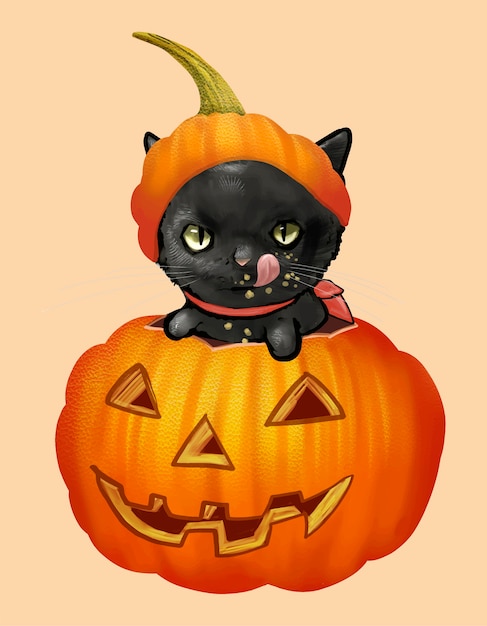 Free Vector illustration of a black cat in pumpkin icon for halloween