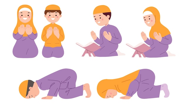 illustration of the character of a Muslim girl and boy doing worship in Islam