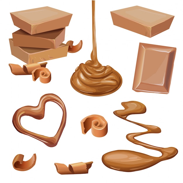 Illustration of chocolate in tile, shavings, liquid.