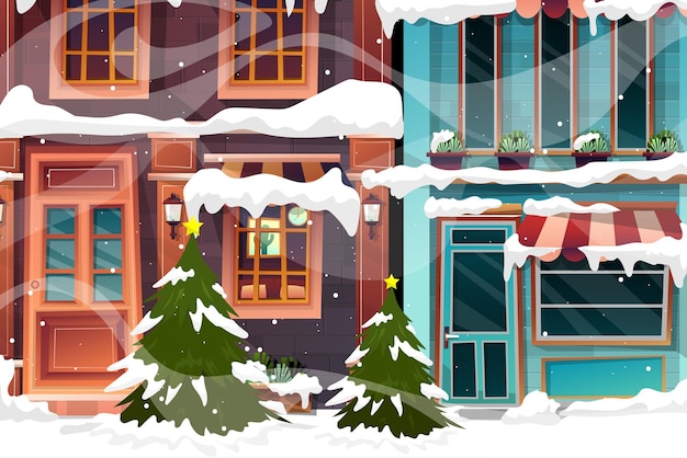 Free Vector illustration of cityscape winter scenery with christmas tree and snowman in snowfall