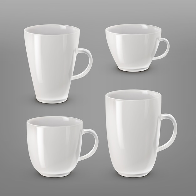 Free vector illustration of collection of various white cups and mugs for coffee or tea isolated