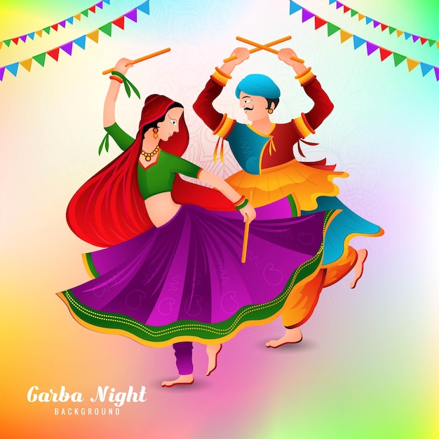 Illustration of couple playing dandiya in disco garba night celebration background