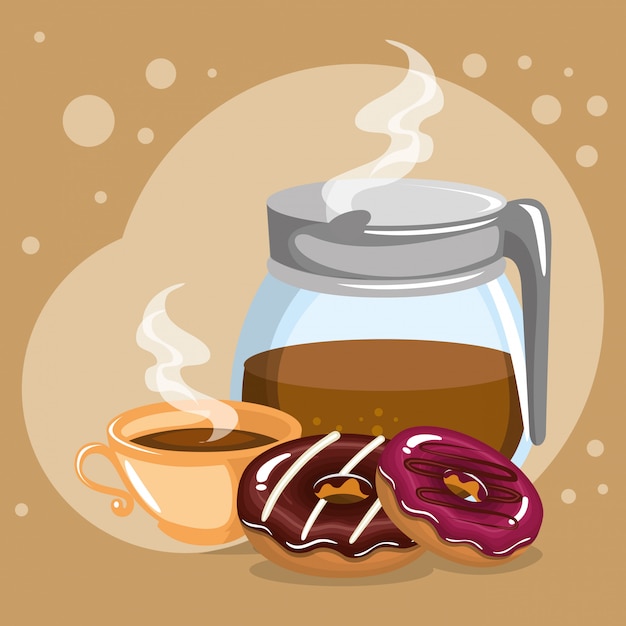 illustration of delicious coffee in teapot and donuts