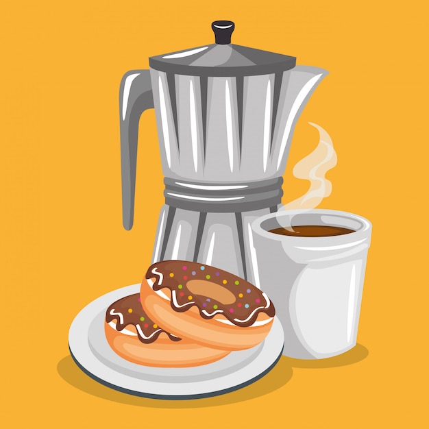 illustration of delicious coffee in teapot and donuts