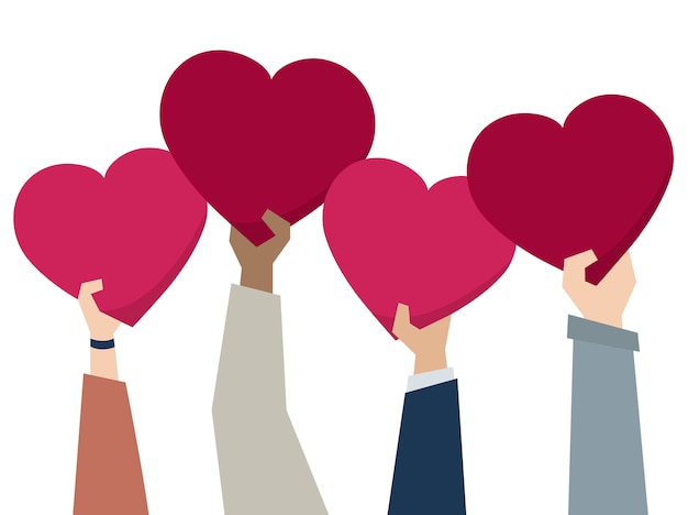 Free Vector illustration of diverse people holding hearts