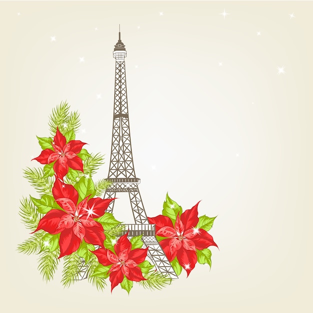 Free Vector illustration of the eiffel tower on a vintage background with christmas flowers.