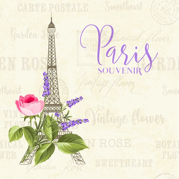 Free vector illustration of the eiffel tower on a vintage background with flowers.