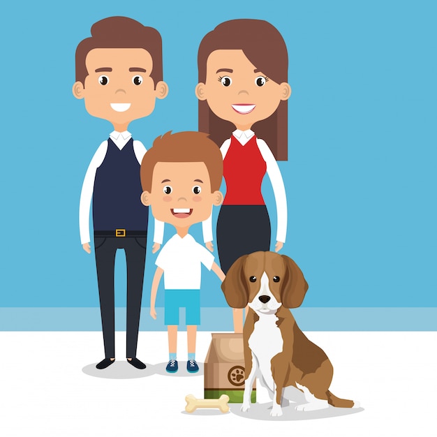 illustration of family members with pet characters