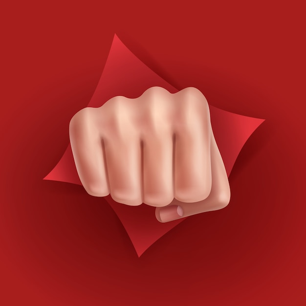 Free vector illustration of fist punching through red paper