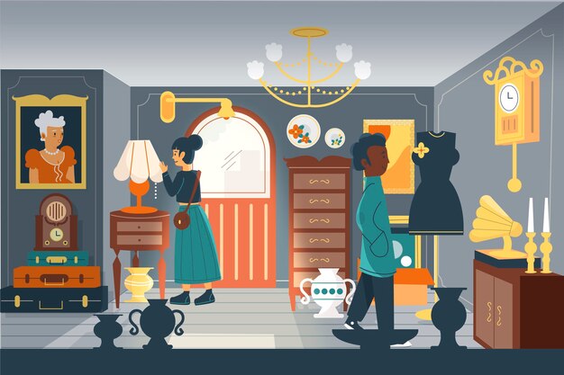 Illustration of flat antique market with different objects