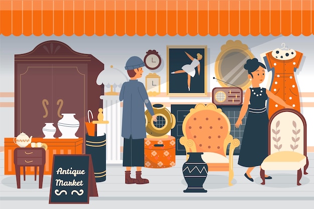 Free Vector illustration of flat antique market with different objects