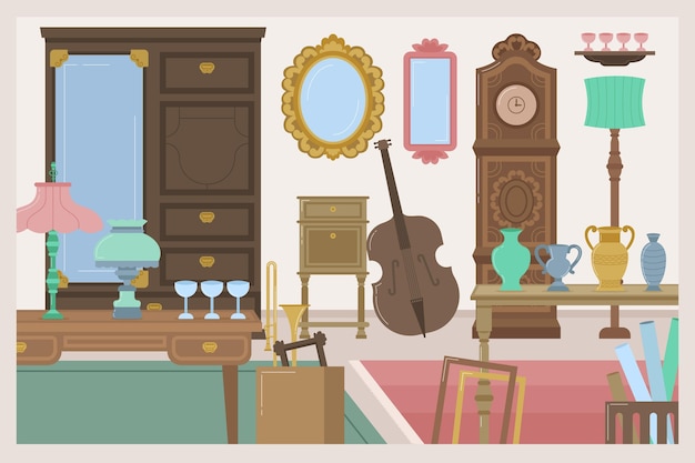 Free Vector illustration of flat antique market with different objects