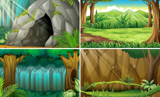 Illustration of four scenes of forests and a cave