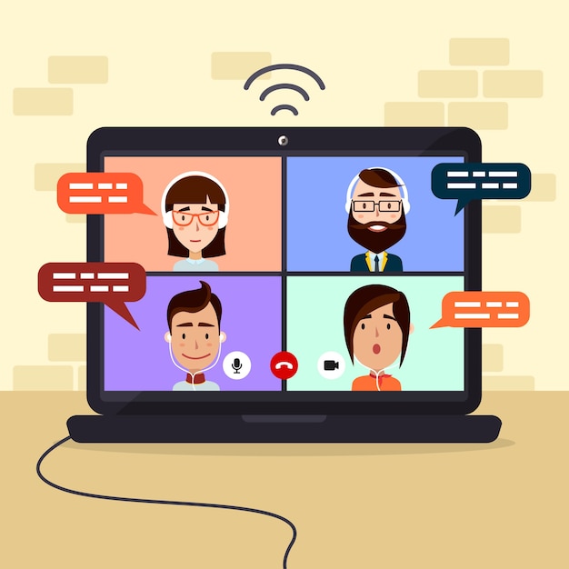 Illustration of friends video calling on laptop