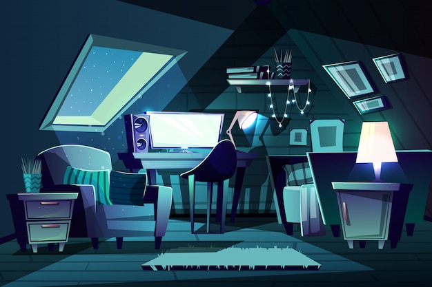 Free Vector illustration of girl's room at night. cartoon garret with window, armchair with cushion 