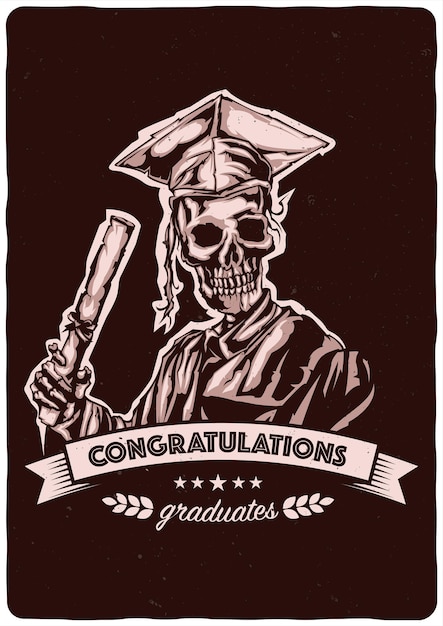 Illustration of graduation of skeleton with ribbon and lettering