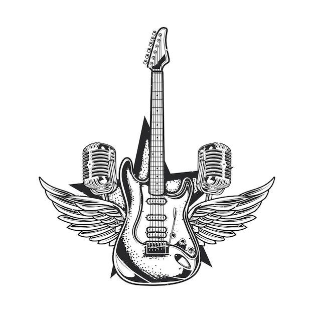 Free vector illustration of guitar, two microphones and wings