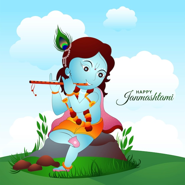 Free Vector illustration of lord krishana in happy janmashtami holiday background