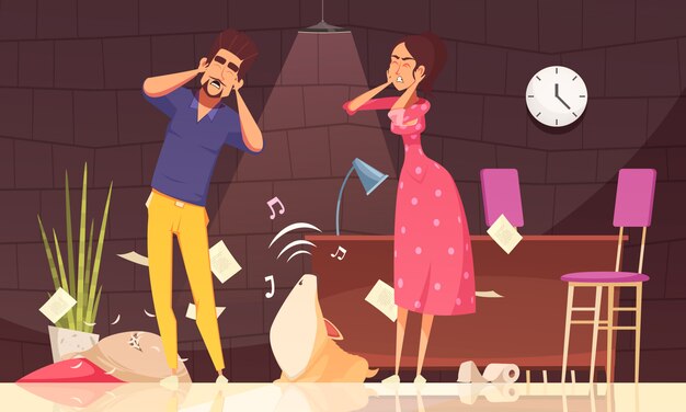 Illustration of man and woman closing ears and loud howl of puppy at home