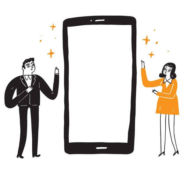 Illustration of man and woman to guide the screen of the smartphone