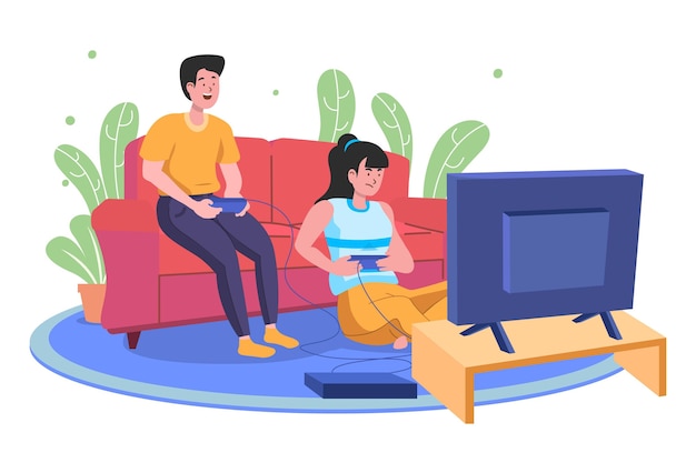 Illustration of man and woman playing videogame 0