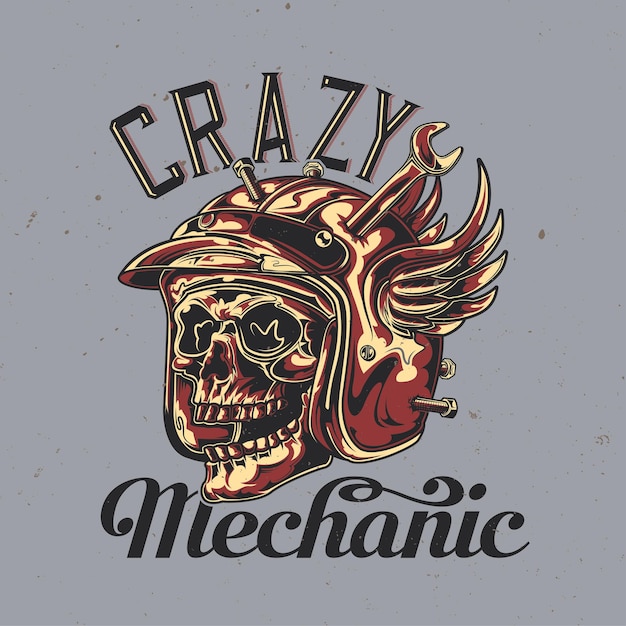 Free vector illustration of mechanic skull with winged helmet