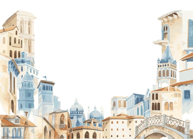 Illustration of Mediterranean city building exterior water color style