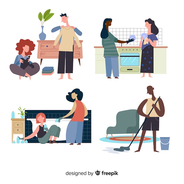 Free Vector illustration of minimalist characters doing housework set